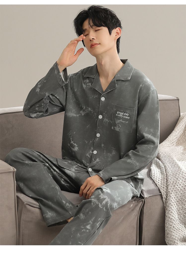 Men's spring and autumn pure cotton 2024 new long sleeved youth loose fit plus size high-end home clothing set_voghion.com