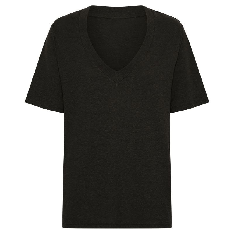 Maglietta estiva da donna a maniche corte, in lino e cotone di bambù, con scollo a V profondo_voghion.com