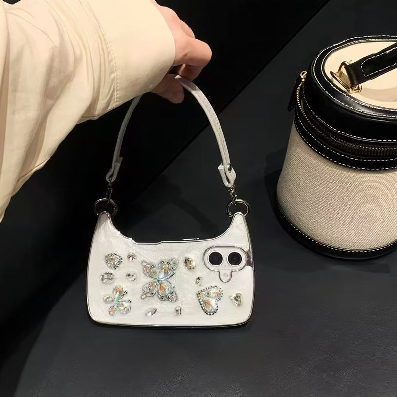 Luxus Glitter Diamant Schmetterling Herz Handtasche Lederband Handgelenk Telefon Fall Abdeckung für iPhone 11 12 13 14 15 16 Pro Plus Max_voghion.com