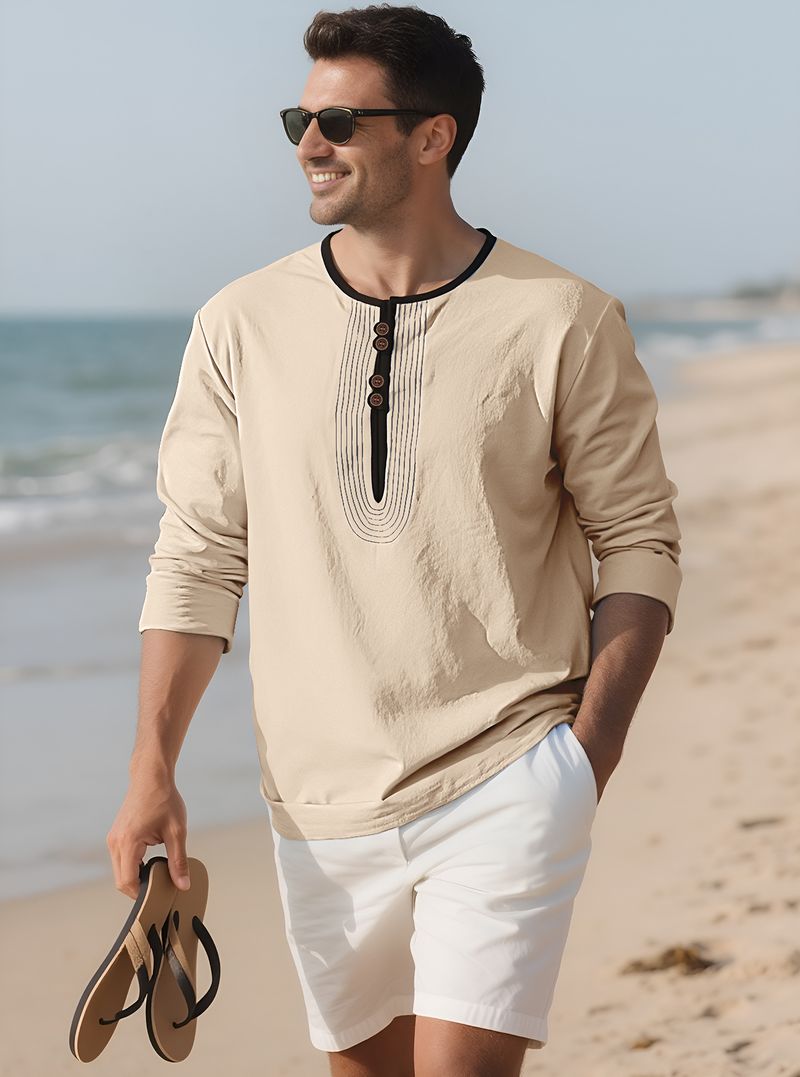 Maglietta sportiva casual ampia a maniche lunghe in lino tinta unita da uomo Henry Collar_voghion.com