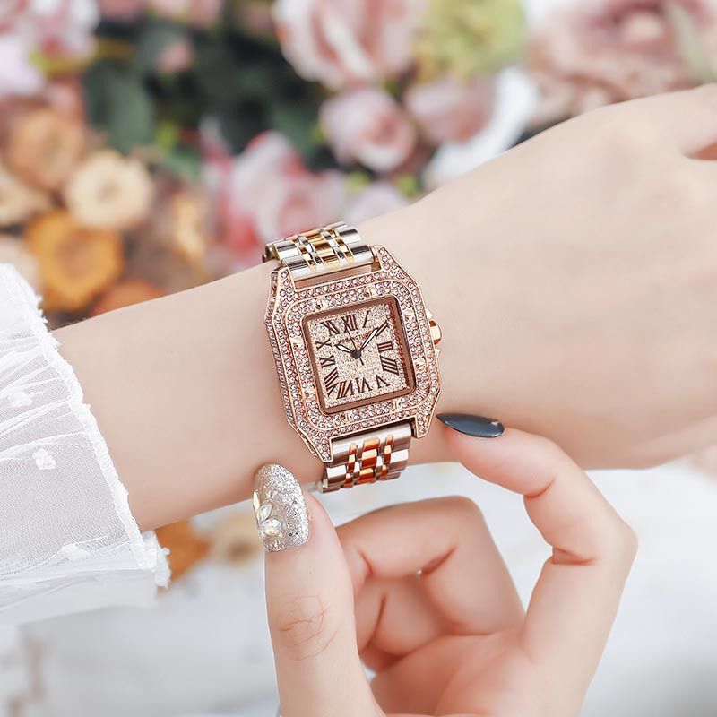 Internet famous men and women's couple with square diamond inlaid large dial, steel strip, waterproof quartz watch for_voghion.com