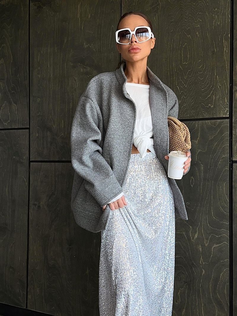 Damesmode grijze wollen jas dames design sense fashion opstaande kraag_voghion.com