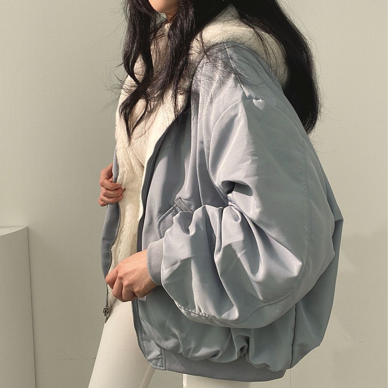 Giacca reversibile Deeptown alla moda coreana Veet in lana d'agnello da donna Haruku con cappuccio oversize tinta unita con zip invernale beige_voghion.com