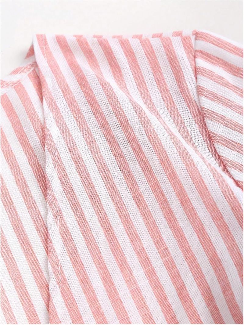 Women's Clothing Striped Front Tie Up Trumpet Sleeve Deep V Neck Elegant Ruffle Top_voghion.com