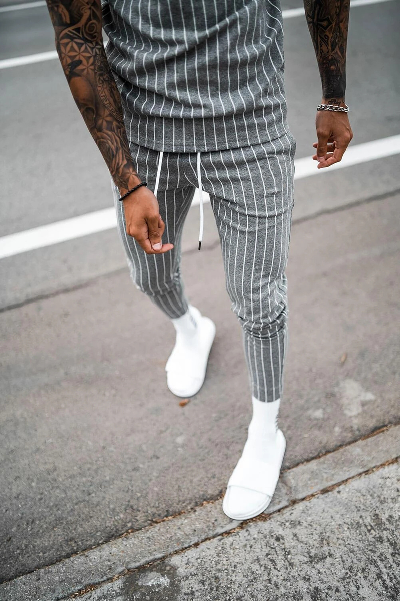 2024 New Spring and Autumn Stripe for Men's Fitness Running Long sleeved Sweater Slim Fit Pants Set_voghion.com