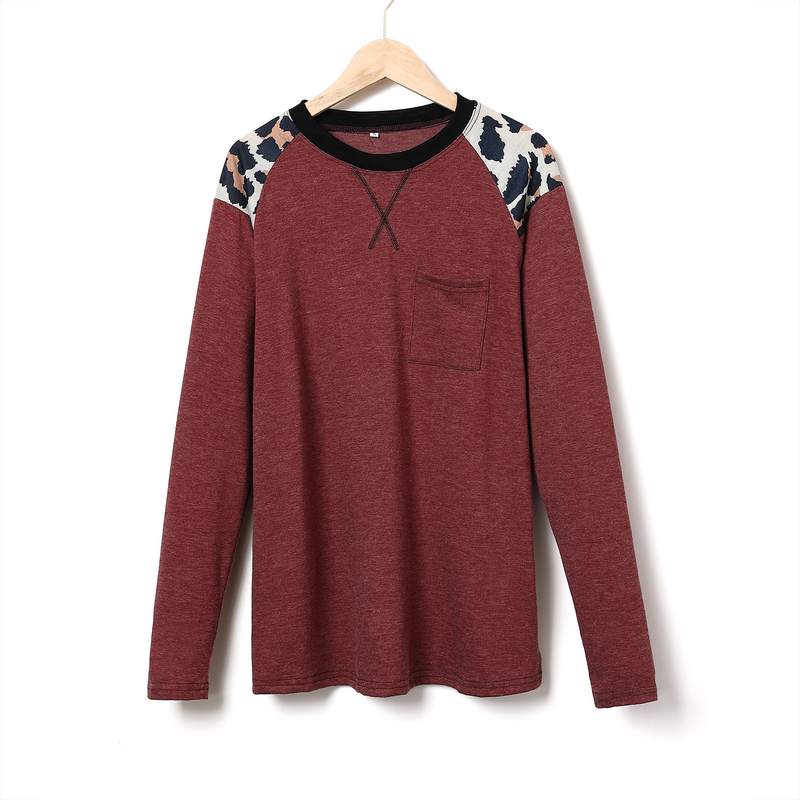Women's Round Neck Leopard Pattern Patch Pocket T-shirt Long Sleeve Underlay Tops_voghion.com