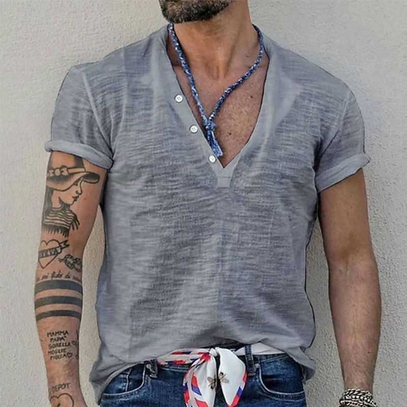 Maglietta a maniche corte slim fit casual tinta unita con nodo in bambù Henry Button da uomo, estate 2024_voghion.com