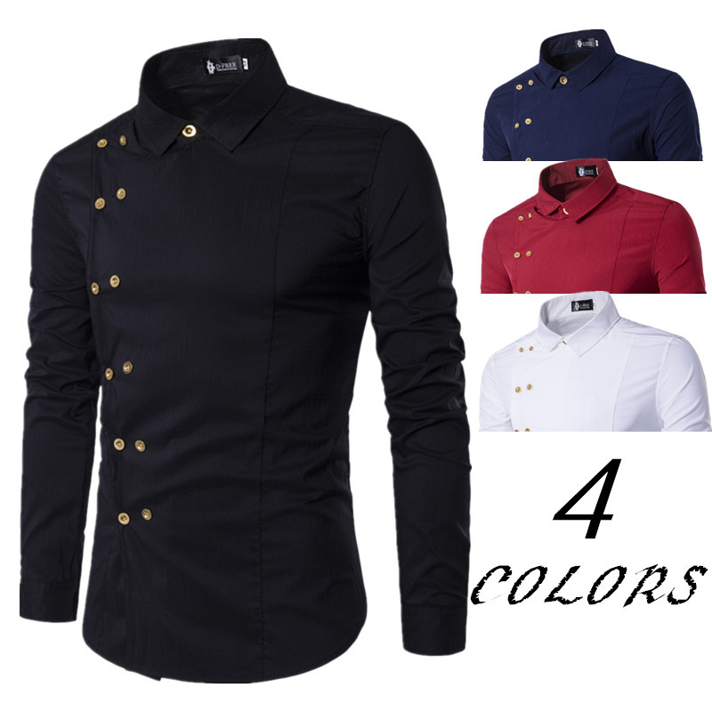 camicia slim a maniche lunghe doppiopetto da uomo Camicia casual da uomo in stile britannico_voghion.com