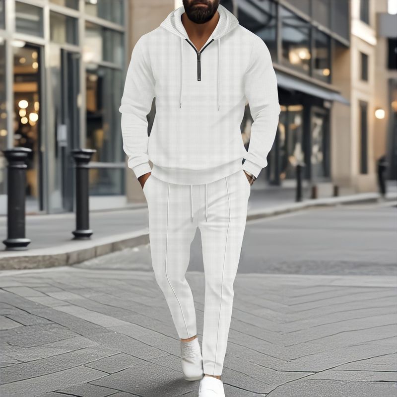 Men's Waffle-Knit Hoodie & Jogger Set – Lightweight Zip-Up Loungewear (S-3XL) | Breathable Polyester For Casual & Sporty Style_voghion.com