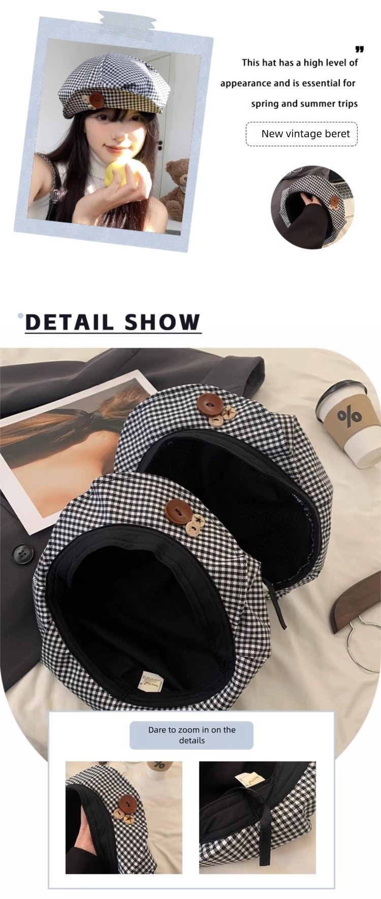 Cappello da artista coreano con nuvola, berretto con tesa pied de poule, design di nicchia, bottone che snellisce il viso letterario_voghion.com