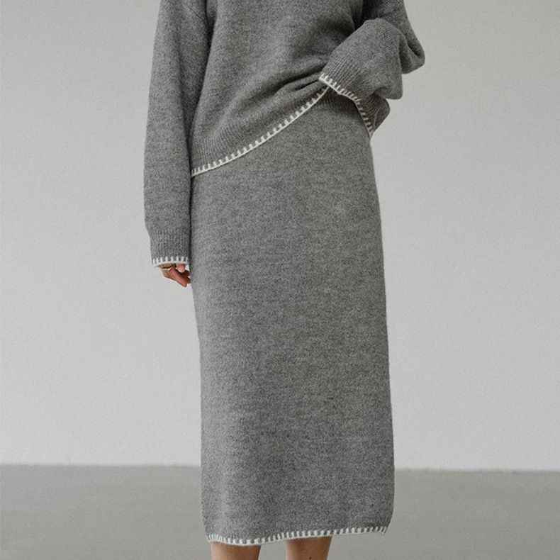 Damen-Set aus lässigem Strickpullover und Rock – Gemütliches Herbst-/Winter-Zweiteiler-Outfit in Unifarben_voghion.com