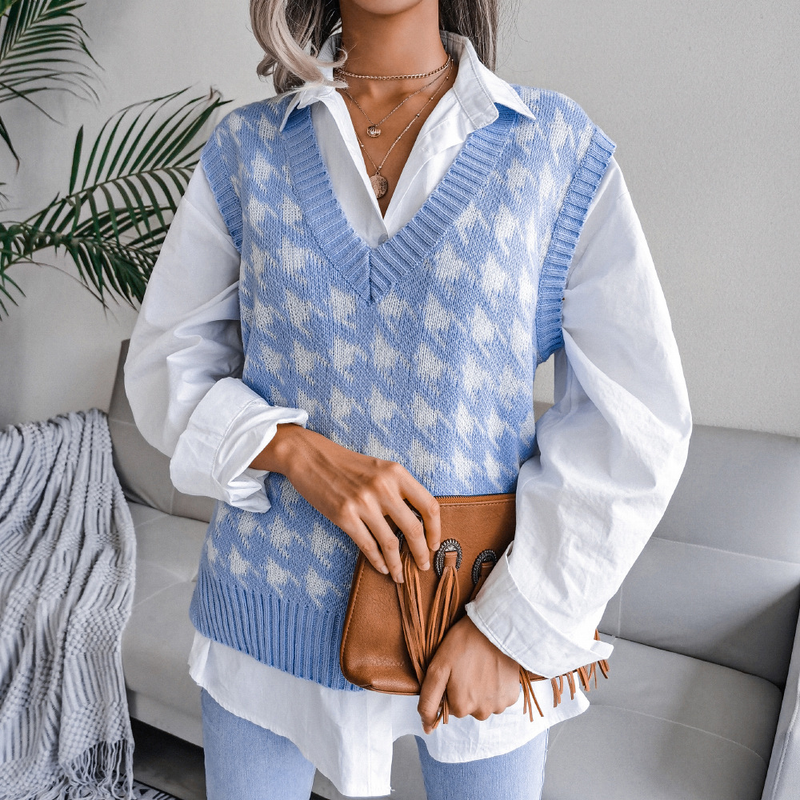 Gilet in maglia casual con scollo a V e motivo pied de poule, autunno inverno 2023_voghion.com