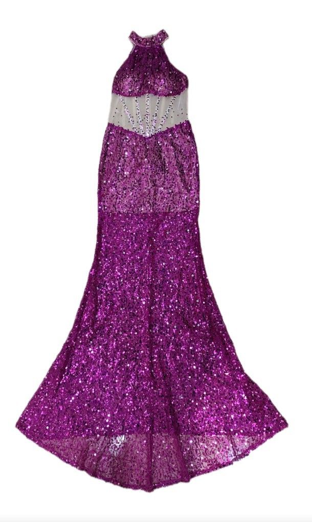 Elegante abito da sera aderente senza maniche con paillettes e strass per red carpet, feste e occasioni speciali – Splendido abito aderente in viola prugna_voghion.com