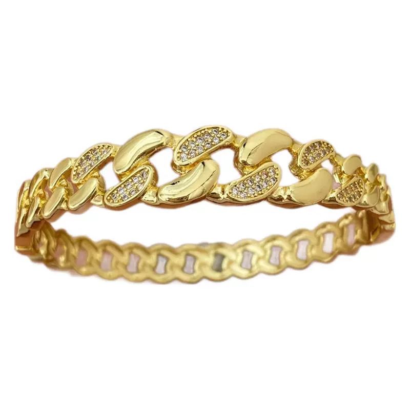 Large Copper Zircon Cuban Chain Bracelet Men's Hip-Hop Jewelry Set_voghion.com