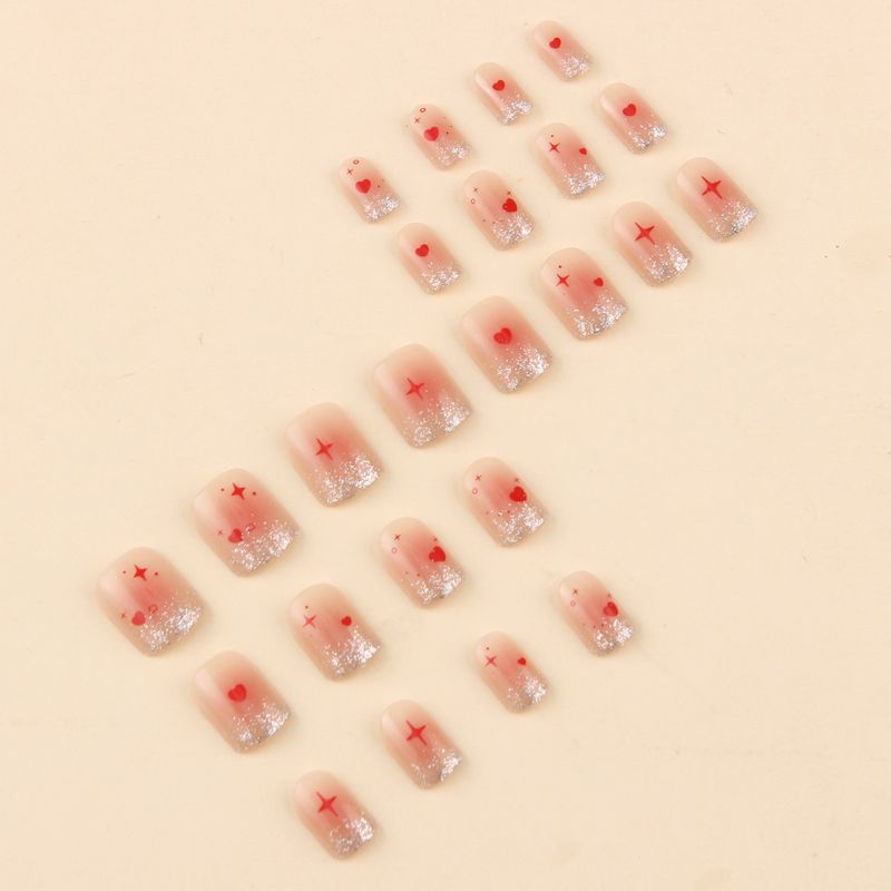 Sahte Tırnaklar Kısa Simli Aşk Degradeli Tırnaklar Pembe Aşk Gümüş Simli Parlak Tırnak Sanatı 24 Parça Sahte Tırnak_voghion.com