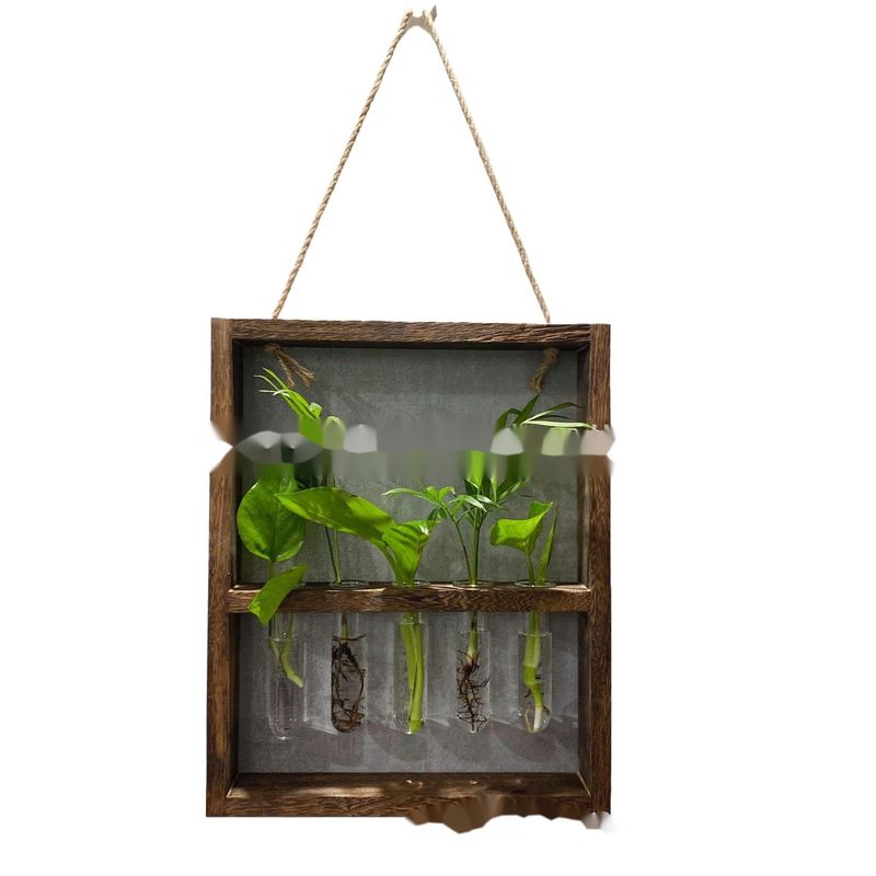 Jarrón hidropónico colgante con marco de madera y tubo de ensayo de vidrio para pared, creativo, estilo Ins, decoración sencilla para el hogar_voghion.com