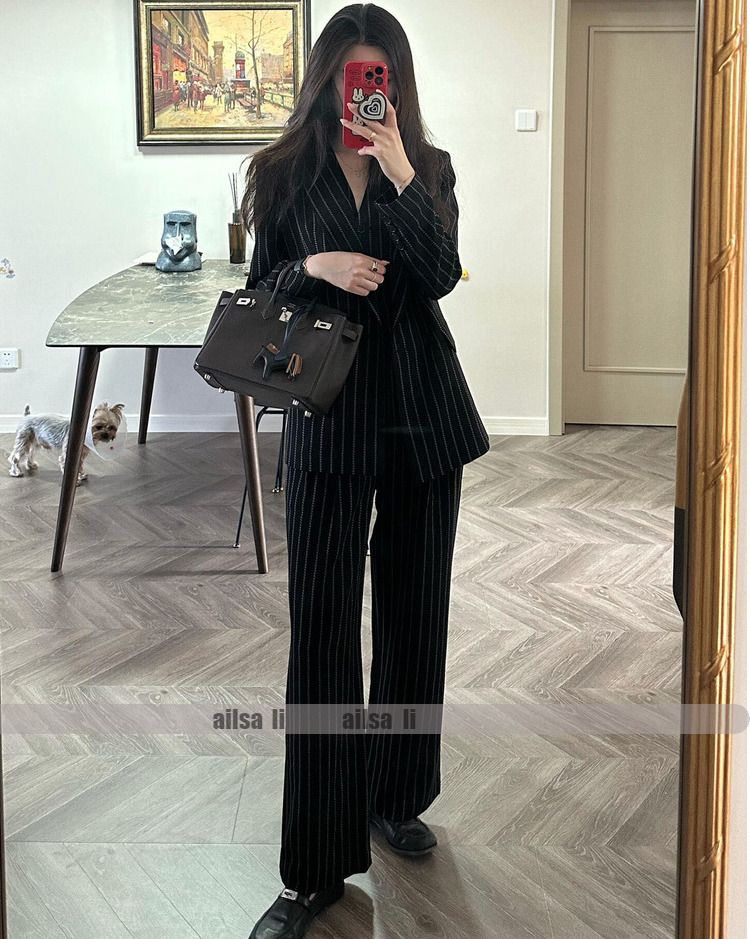 Early Autumn Old Money Style Loose Black Striped High Intelligence Suit Vest Wide-Leg Pants Three-Piece Set For Women_voghion.com