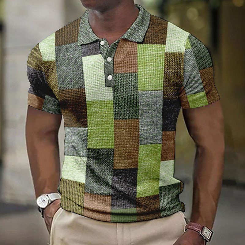Men's Button-down Polo Shirt Plaid Pattern Turn-down Collar Trendy 3D Digital Print Short Sleeve Loose Casual Simple_voghion.com