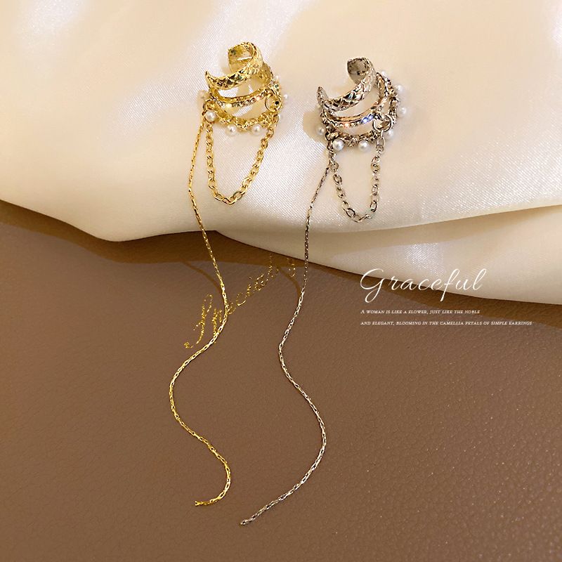 Koreanische einfache einzelne eingelegte Diamantperle, nicht durchbohrte Manschette, lange Quaste, Clip-Ohrringe, eleganter Ohrschmuck_voghion.com