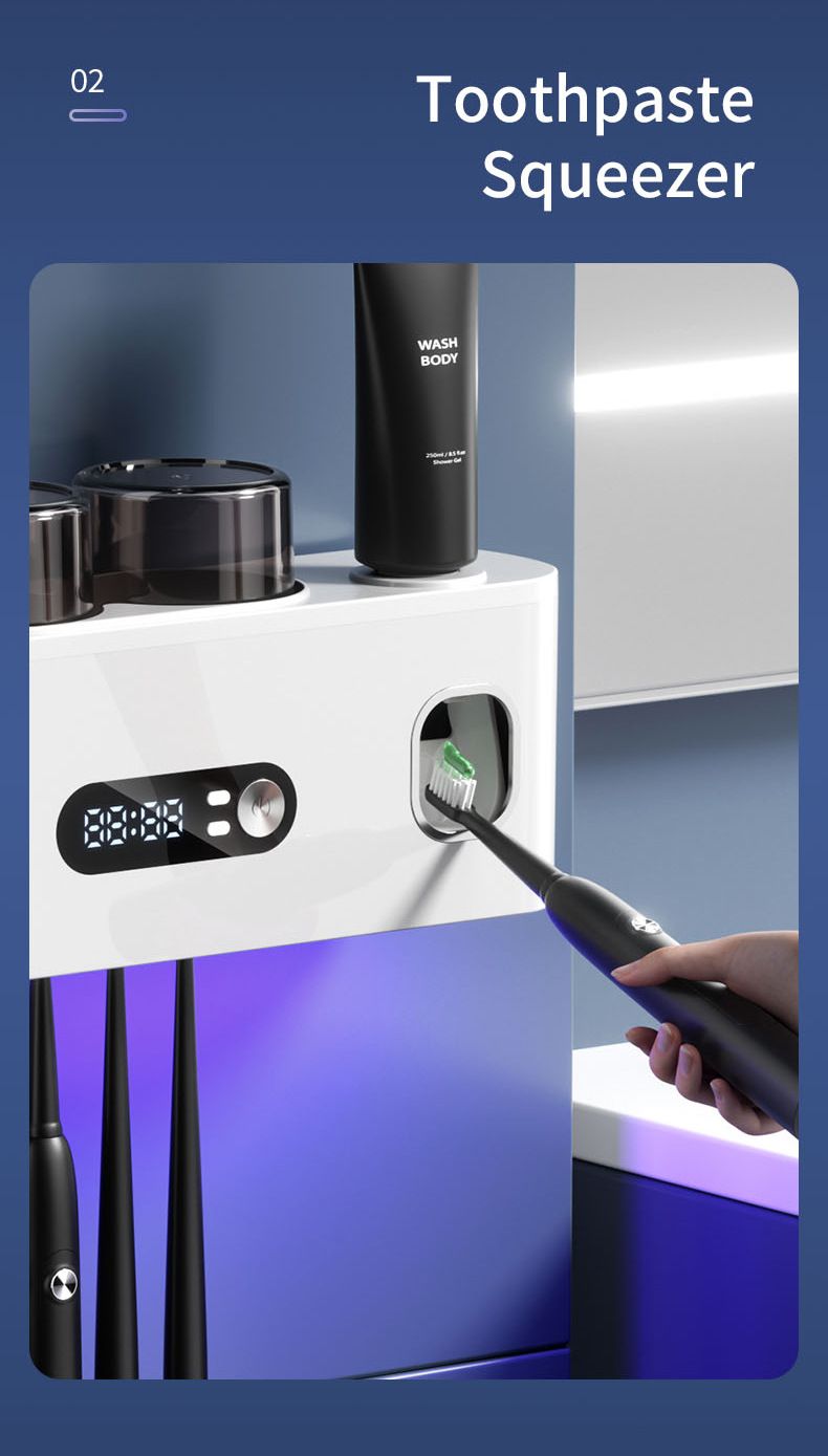 UV Smart Toothbrush Holder Sterilizer Electric Drying Storage Rack Wall-Mounted No Drilling Required_voghion.com