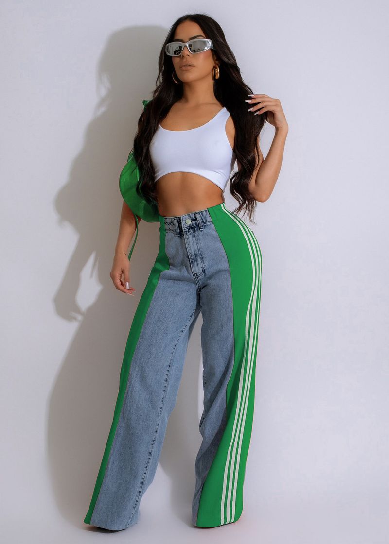 Ropa de mujer Pantalones vaqueros de pierna ancha con tres rayas y empalme de moda de verano Pantalones rectos elásticos de cintura alta informales nuevos para mujer_voghion.com