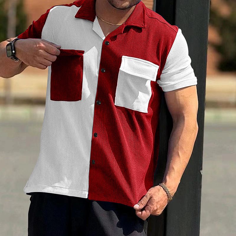 2024 Sommer Neue Herren Farbblock Ärmel Atmungsaktiv Freizeit Strand Hemd Kurze Taste Strickjacke_voghion.com