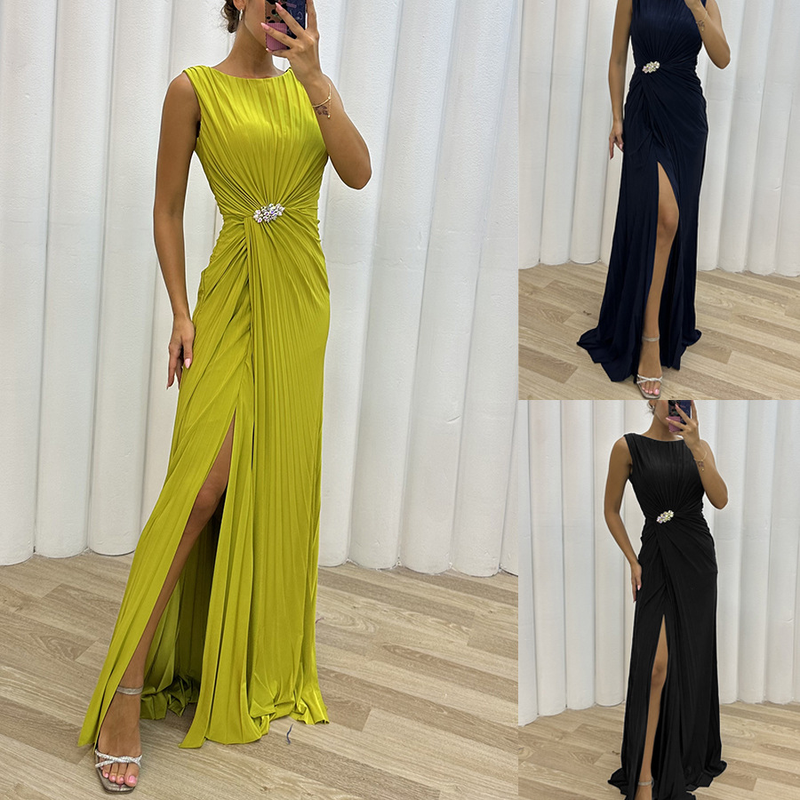 Damenbekleidung neuer Stil Plissee Schlitz Freizeitkleid INS ärmelloses Modekleid Abendkleid für Damen_voghion.com