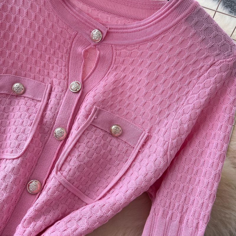 Robe mi-longue en tricot d'inspiration parisienne – Boutons métalliques pour une élégance qui définit la taille (Rose/Taupe/Noir/Vert/Bordeaux/Violet/Café, mélange extensible)_voghion.com