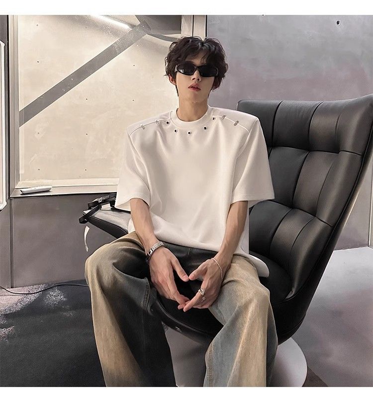 American High Street Short T-Shirt For Men Summer Trendy Loose Fit High-End Feel Padded Shoulder Versatile Five-Quarter_voghion.com