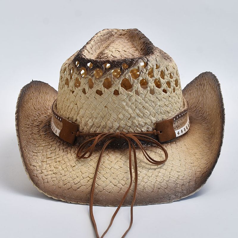 Cappello da cowboy occidentale in paglia naturale intrecciata a mano alla moda per donna e uomo, estivo, traspirante, da spiaggia, per sole_voghion.com