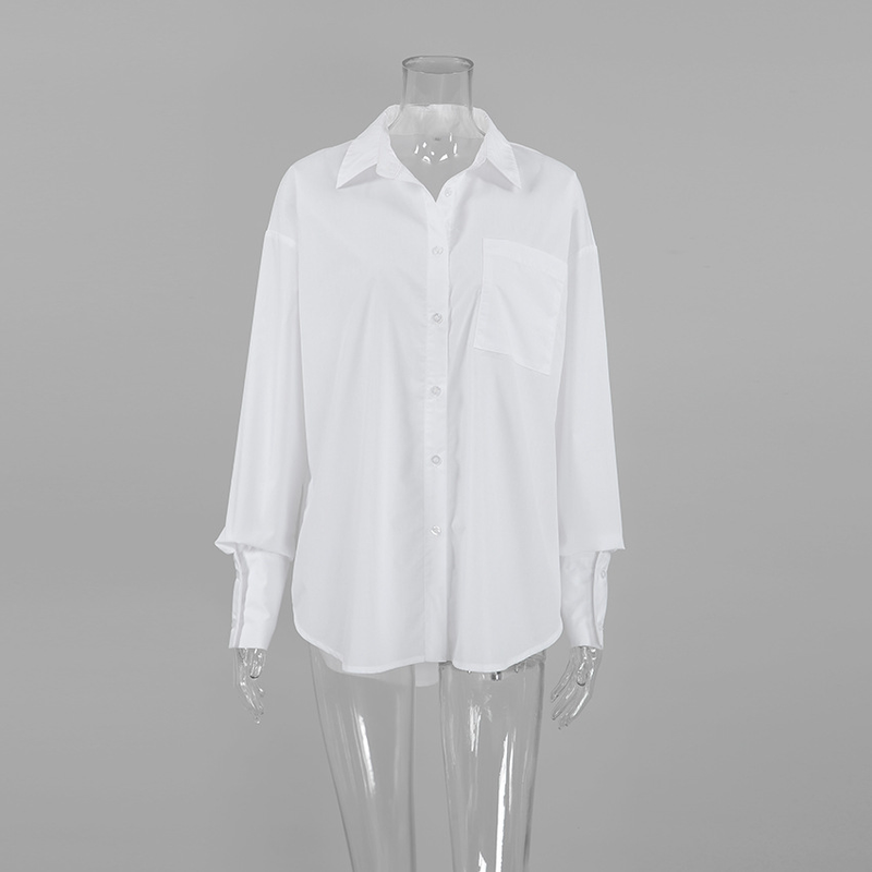 Einfaches, weißes Oversize-Hemd für Damen, lässig, modisch, Frühling und Sommer, lässig, vielseitig, mittellanger Stil für Damen_voghion.com