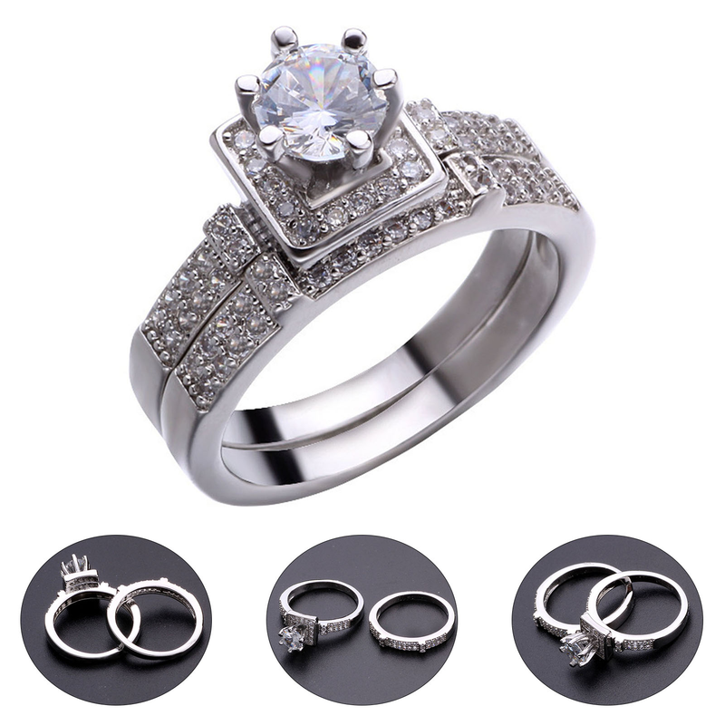 Shuosbai 1 Pair Couple Rings Geometric Rhinestones Jewelry Exquisite Bright Luster Rings for Wedding_voghion.com
