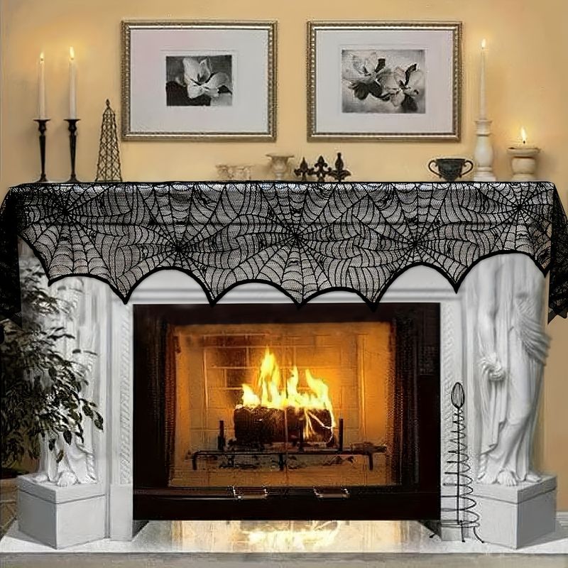 Halloween black spider web mantel cloth fire towel fireplace towel_voghion.com