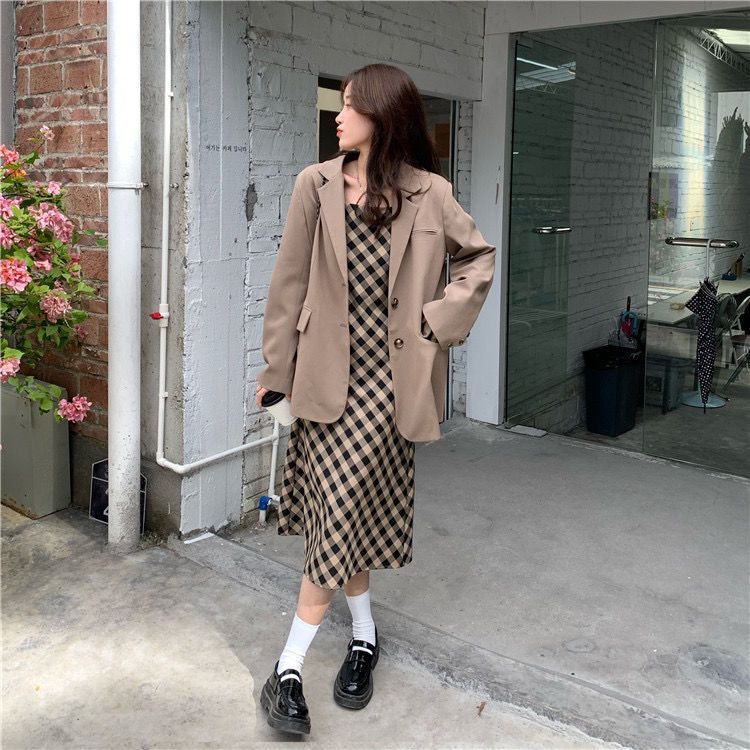 Plus Size Damen Blazer Jacke Frühherbst Mode Anzug Elegantes kariertes Trägerkleid Zweiteiliges Set_voghion.com