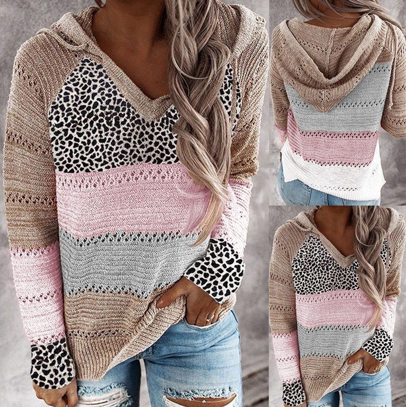 Roupas femininas New Wish Outono e Inverno Listrado Com Capuz Suéter Estampa Leopardo_voghion.com
