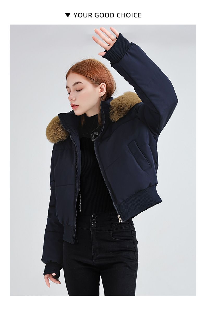 Women's Short Puffer Jacket With Rabbit Fur Hood - Stylish Winter Coat With Waist Drawstring, Quilted Polyester Outerwear For Cold Weather_voghion.com