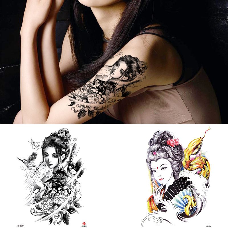Adesivo per tatuaggio impermeabile con bellezza di geisha e braccio floreale_voghion.com