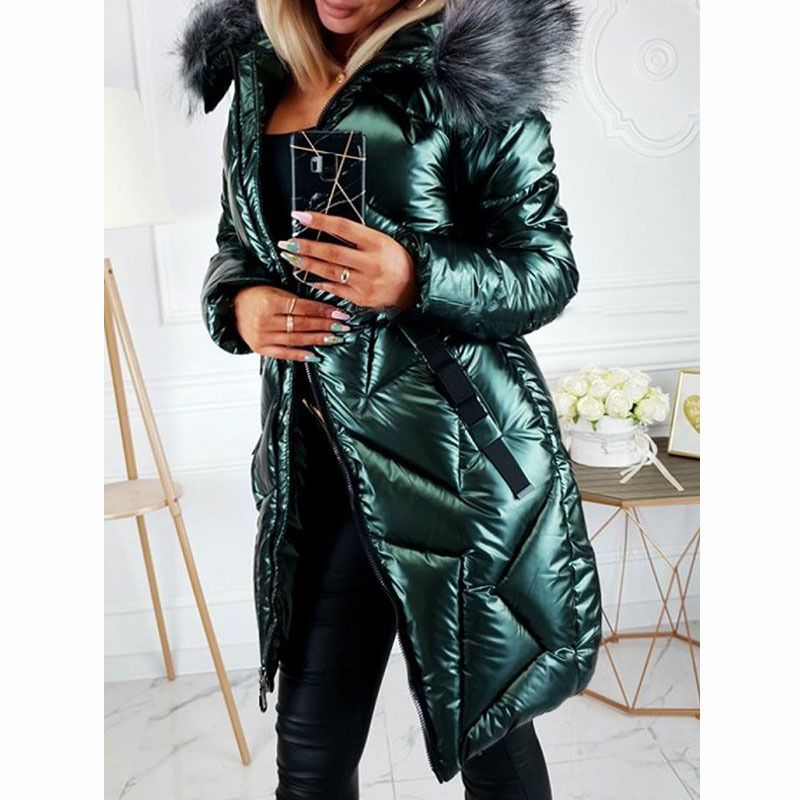 Elegante cappotto in PU con maniche lunghe e finiture in pelliccia sintetica per donna - Giacca invernale slim fit con finitura lucida, calda ed elegante (nero, blu, verde scuro)_voghion.com