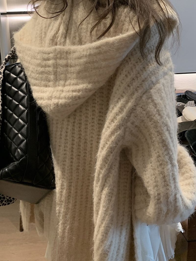 Cardigan con cappuccio in lana di alpaca vintage per donna, cappotto lavorato a maglia spesso di media lunghezza per autunno e inverno, stile ampio e rilassato_voghion.com