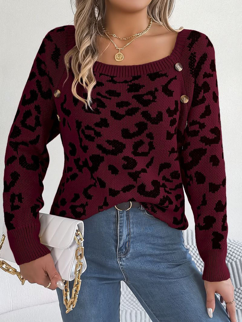 Maglione a maniche lunghe con stampa leopardata, a contrasto, con scollo quadrato, bottoni, casual, autunno e inverno 2024, abbigliamento da donna_voghion.com