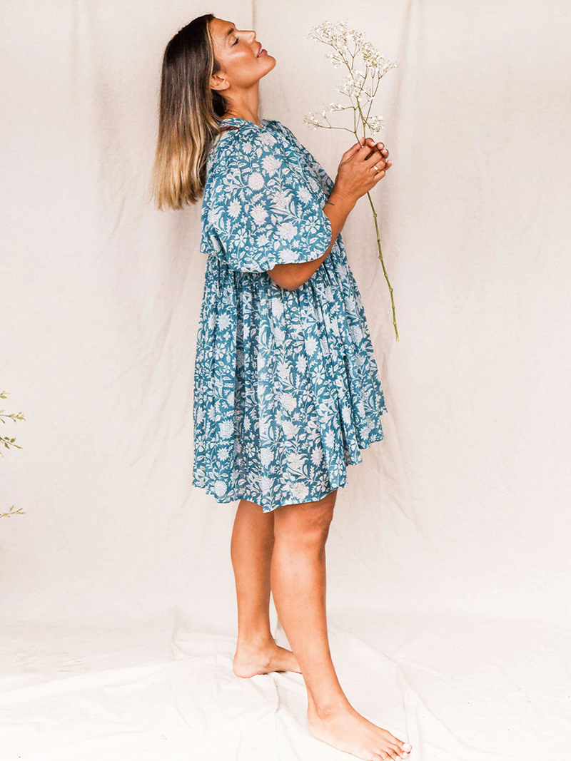 Abito da donna in cotone casual allentato con cravatta a fiori frammentati_voghion.com
