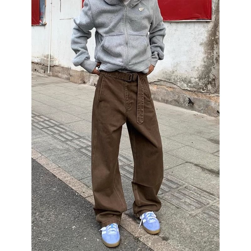 Brown Adjustable Waist Belt Scimitar Style Cargo Loose Fit Three-Dimensional Line Slimming Pants For Men_voghion.com