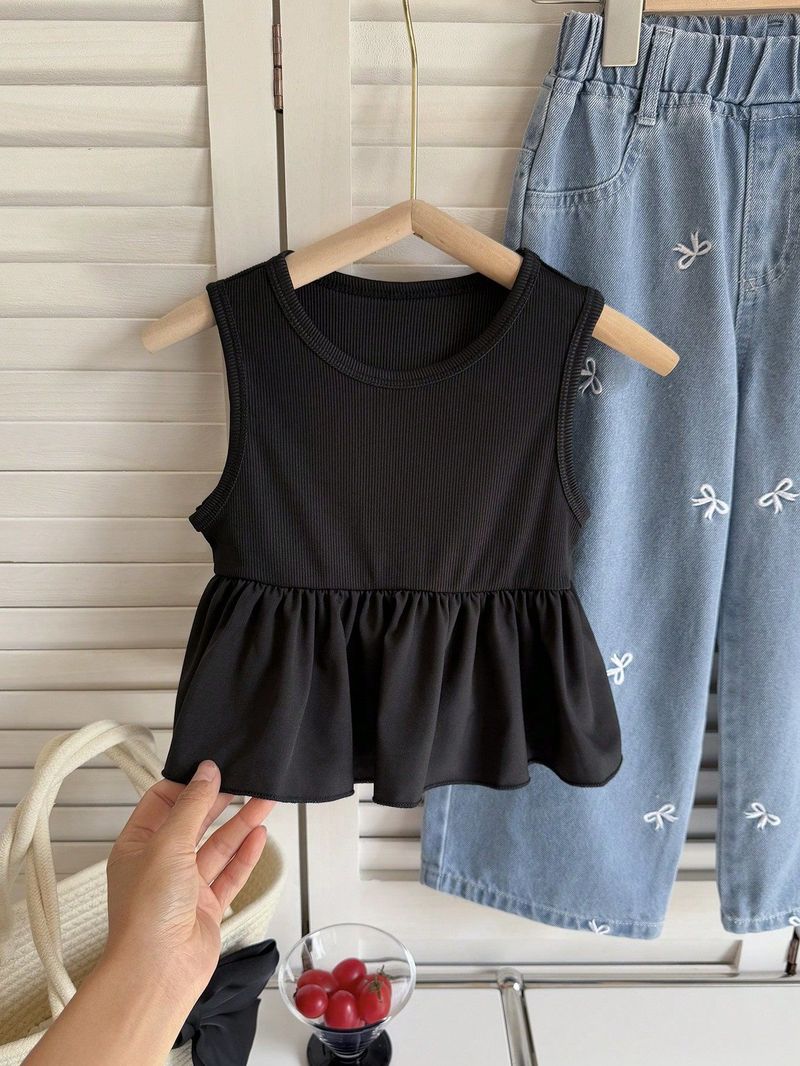 Completo da bambina composto da top girocollo in maglia e jeans ricamati con fiocco, 2 pezzi, morbido misto cotone, comodo ed elegante, perfetto per la primavera e l'estate, età 4-7 anni_voghion.com