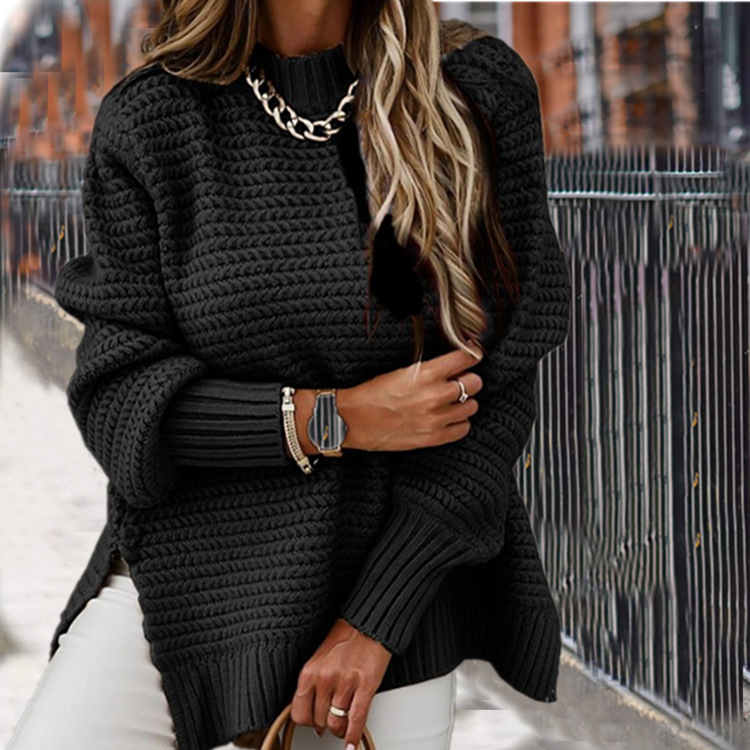 Suéter feminino de malha com divisão lateral e semi-gola alta de cor sólida_voghion.com