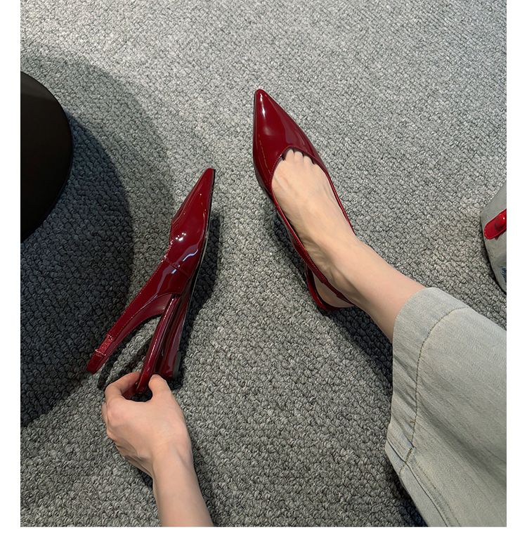 Lancui Nude Wedge Half Slippers For Women Summer Outdoor Patent Leather Chunky Heel Closed Toe Sandals Slim Pointed High_voghion.com