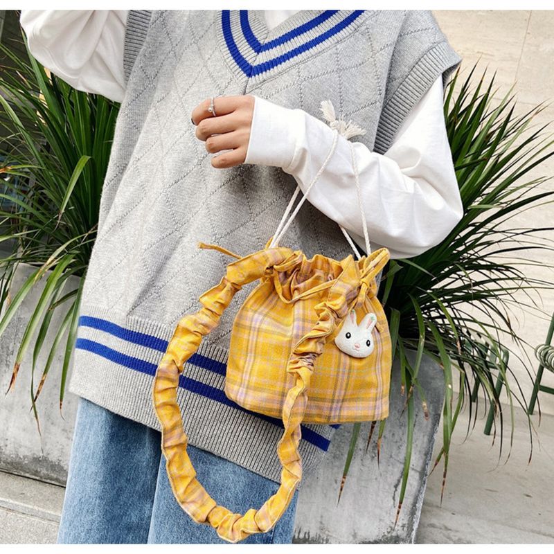 2024 Girls' Leisure New Crossbody Bag Checkered Canvas One Shoulder Bucket Bag Drawstring_voghion.com