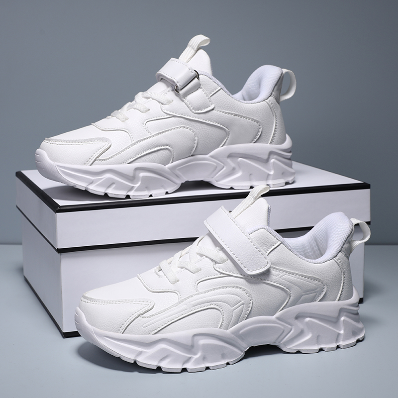 Baskets noires en cuir PU pour enfants, baskets décontractées unisexes pour garçons et filles de 6 à 12 ans, chaussures de sport quotidiennes, de Tennis pour garçons_voghion.com