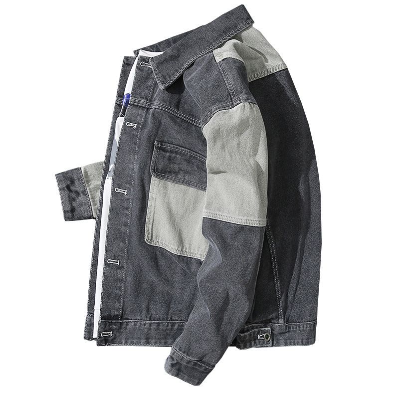 Herrenbekleidung Lockere Arbeitskleidung Plus Samtoberteil Jeansjacke Lockere Passform Arbeitskleidung im koreanischen Stil Fleecegefütterter Freizeitmantel mit Patchwork und Farbblockierung_voghion.com