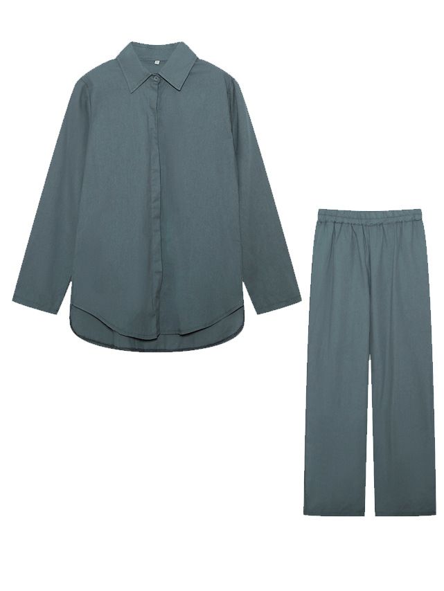 Damenbekleidung Zweiteiliges Set für Damen mit langärmeligem Revers und lässigem Frühlings- und Herbstanzug in einfarbiger Hose mit weitem Bein_voghion.com