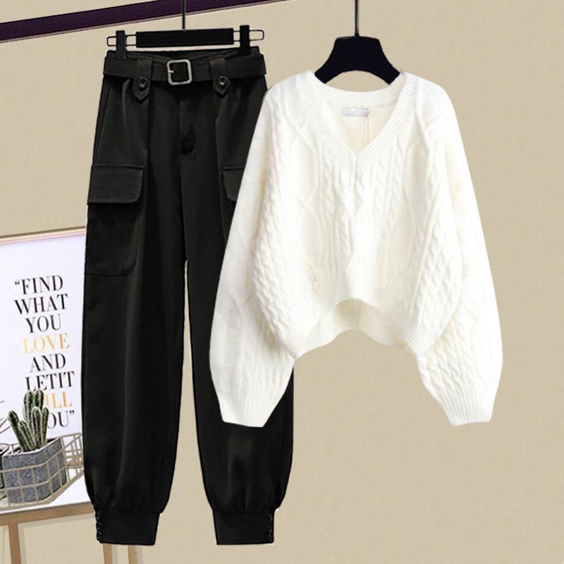 Conjunto de outono feminino plus size – moletom moderno e calça cargo slim fit (cinza/preto/branco/azul claro/bege, M-4XL)_voghion.com